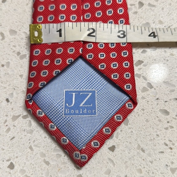 Silk Tie Red/blue/grey dot handmade USA JZ Boulder length 63” EUC preppy classic - Picture 3 of 3